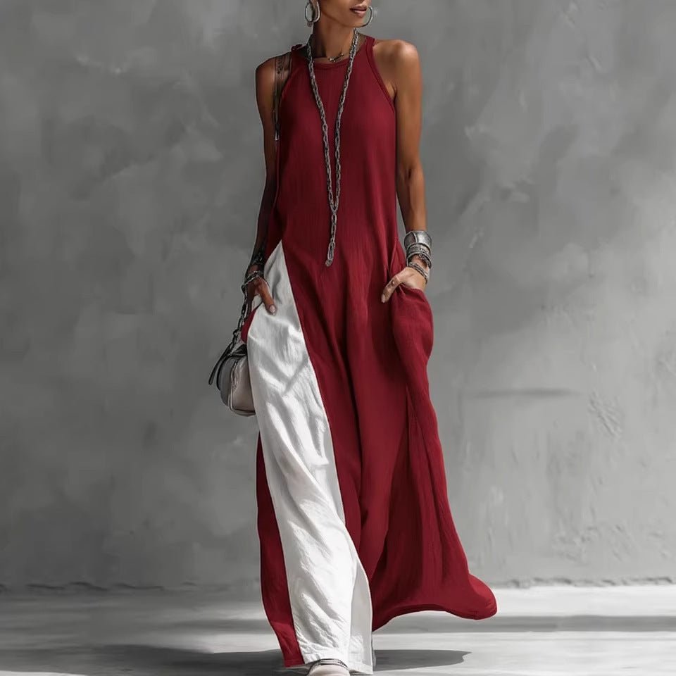 Women's sleeveless loose contrast color dress with pockets, casualwear by Plush Fashion Hub, shown on a model.