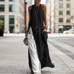 Women's sleeveless casual dress by Plush Fashion Hub featuring loose fit, contrast colors, and practical pockets.