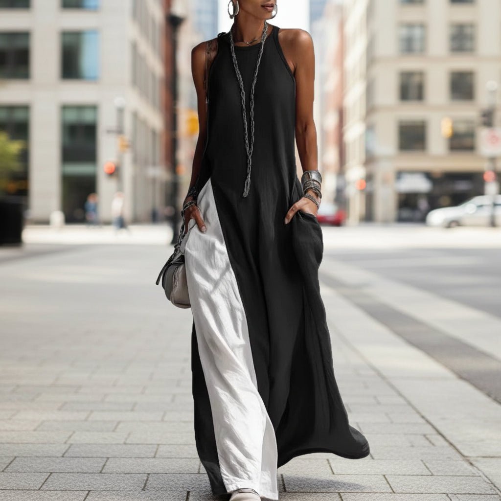 Women's sleeveless casual dress by Plush Fashion Hub featuring loose fit, contrast colors, and practical pockets.