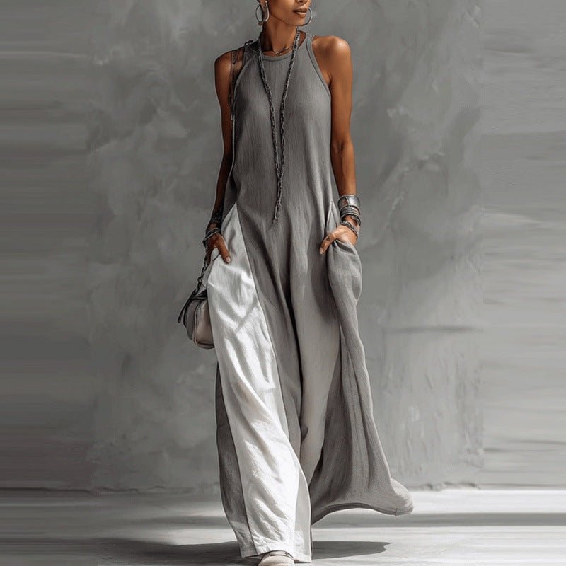 Women's sleeveless loose contrast color casual dress with pockets by Plush Fashion Hub, featuring a relaxed fit and stylish design.