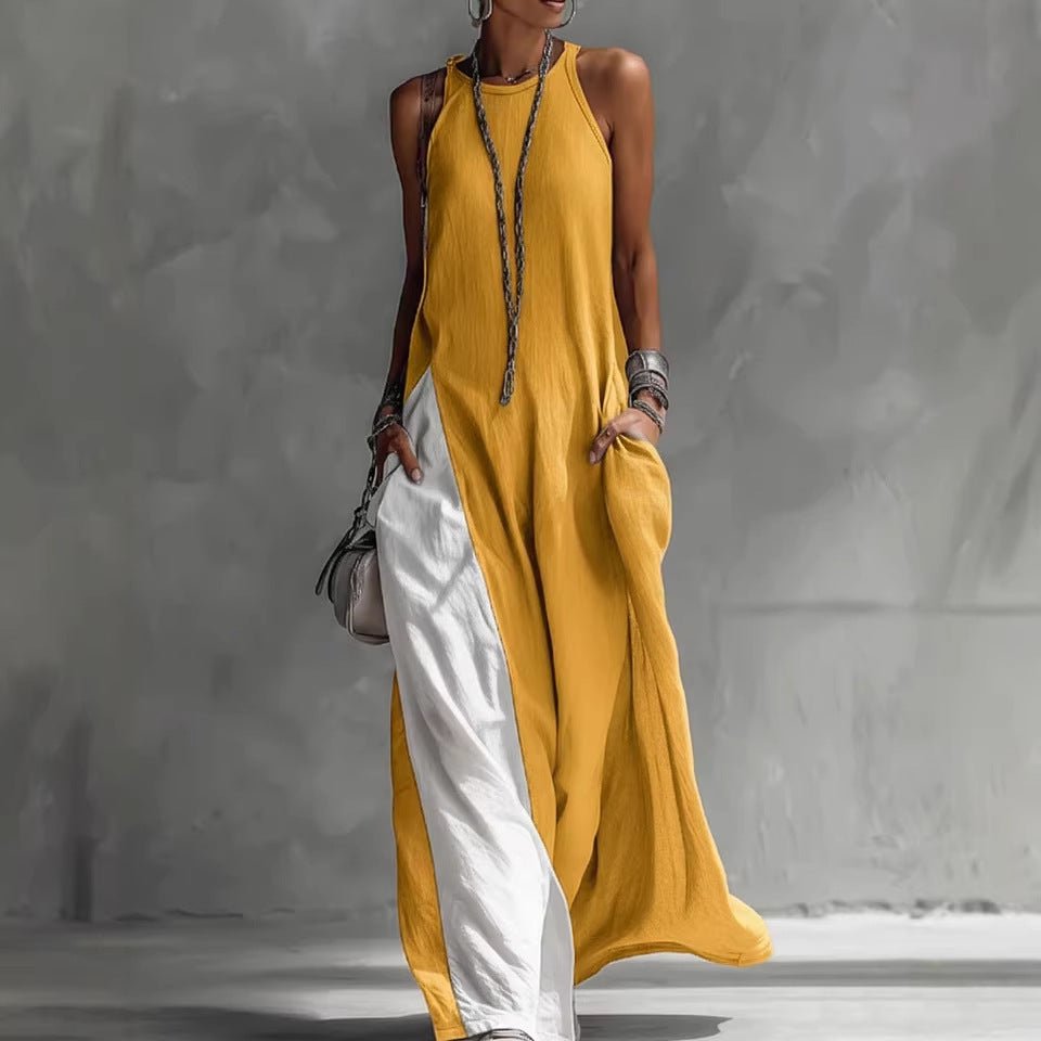 Women’s sleeveless loose contrast color dress with pockets, casualwear by Plush Fashion Hub, showing a relaxed fit and stylish design.