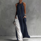 Women’s sleeveless loose contrast color casual dress with pockets, by Plush Fashion Hub, perfect for relaxed, stylish summer wear.