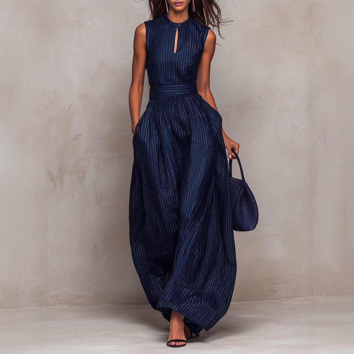 Women's sleeveless striped wide-leg jumpsuit with pockets, casualwear from Plush Fashion Hub, showing the relaxed fit and stylish design.