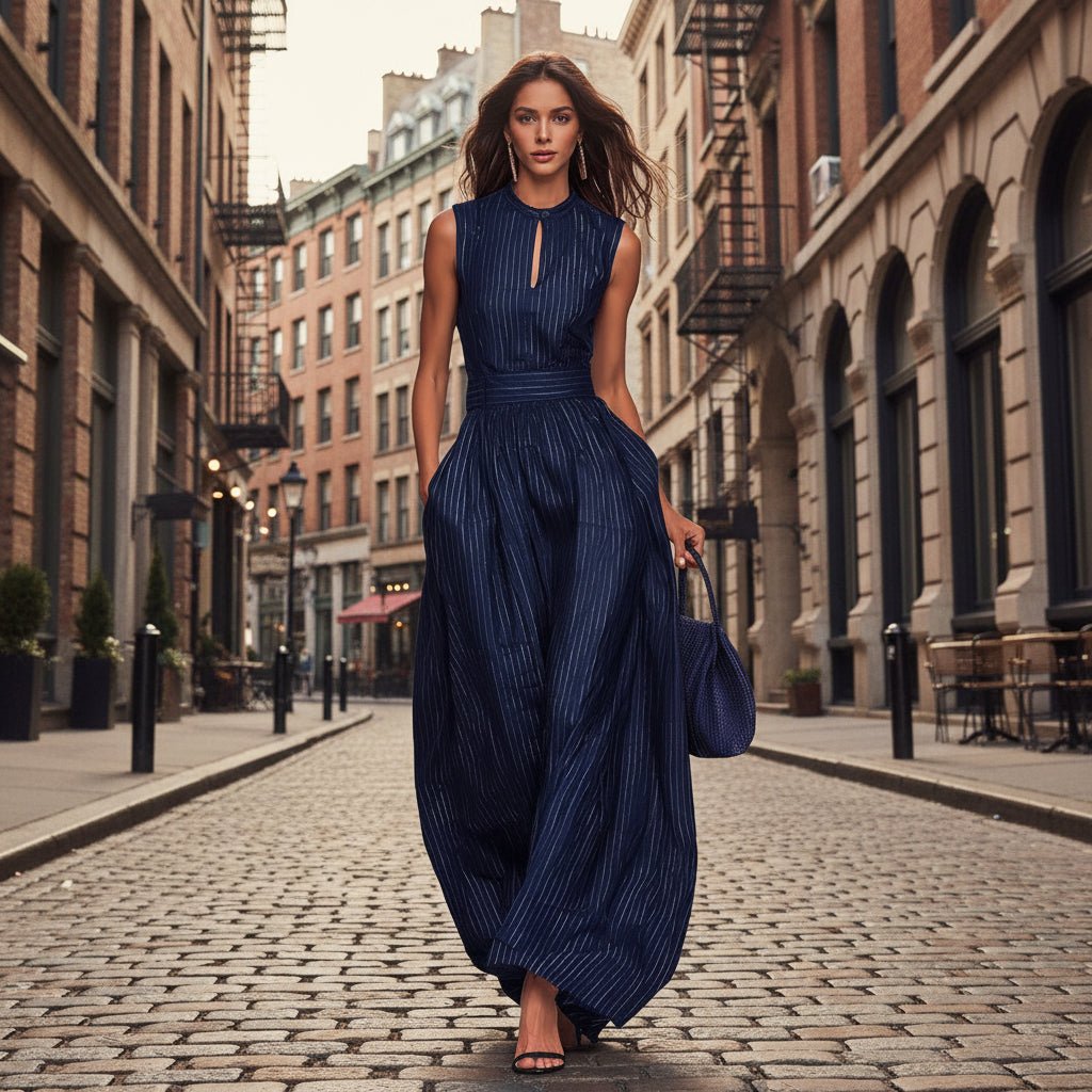 Women's sleeveless striped wide-leg jumpsuit with pockets from Plush Fashion Hub, casualwear with a relaxed fit and stylish design.