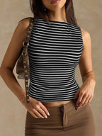 Women’s slim fit striped vest top by Plush Fashion Hub, casualwear with a fitted silhouette and stylish horizontal stripe pattern.