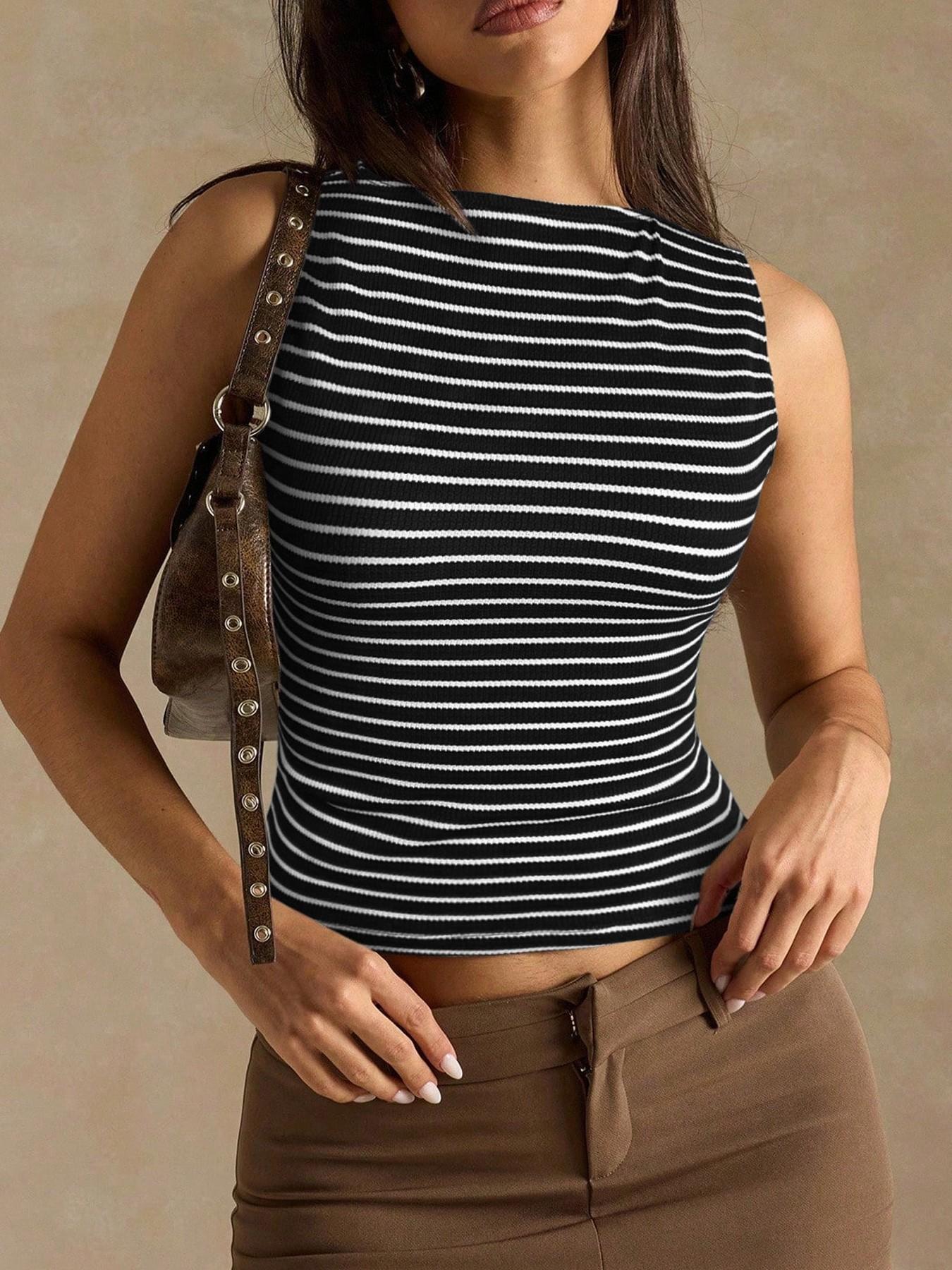 Women’s slim fit striped vest top by Plush Fashion Hub, casualwear with a fitted silhouette and stylish horizontal stripe pattern.
