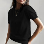 Women’s soft stretch minimalist T-shirt in a slim fit, casualwear top by Plush Fashion Hub, displayed in a relaxed, everyday style.