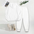 Women's solid 2-piece hoodie set with letter print and front pocket from Plush Fashion Hub, featuring a cozy hoodie and matching pants.