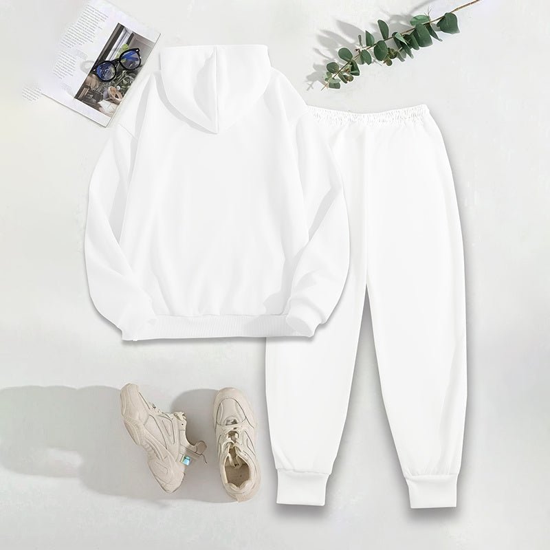 Women's solid 2-piece hoodie set with letter print and front pocket from Plush Fashion Hub, featuring a cozy hoodie and matching pants.