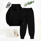 Women's solid two-piece hoodie set with letter print and front pocket, by Plush Fashion Hub, featuring a casual, comfortable design.