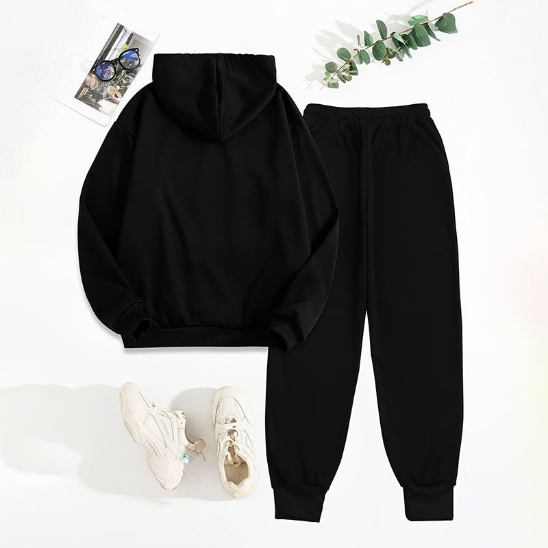 Women's solid two-piece hoodie set with letter print and front pocket, by Plush Fashion Hub, featuring a casual, comfortable design.