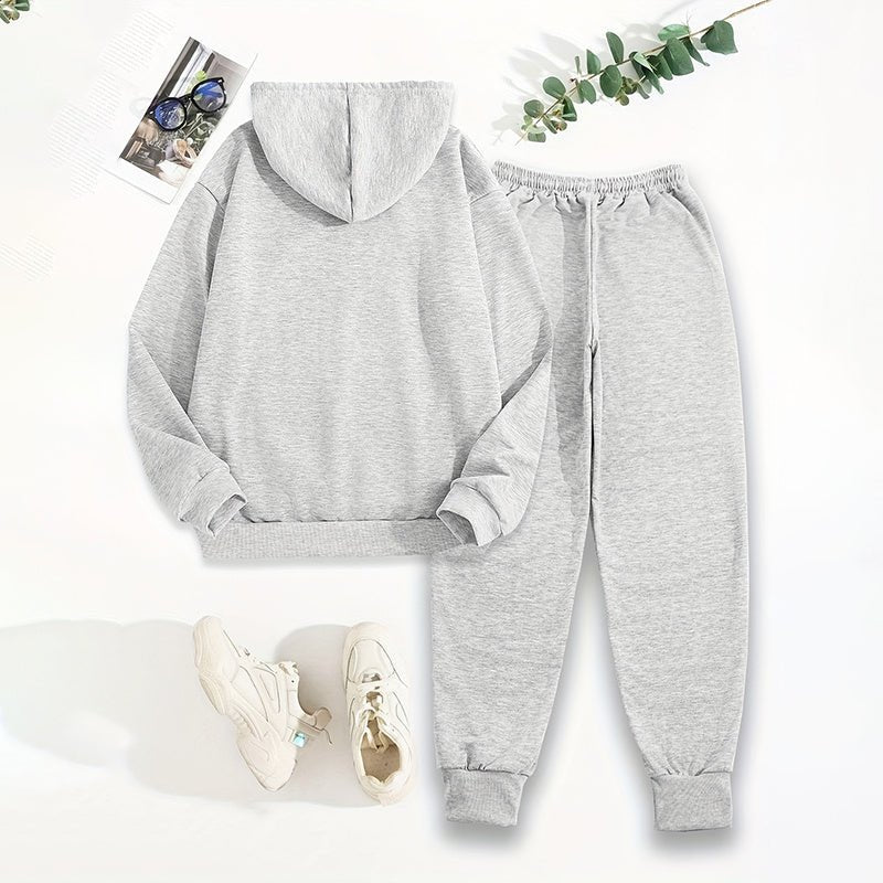 Women's solid 2-piece hoodie set by Plush Fashion Hub featuring letter print and front pocket, casual and comfortable.