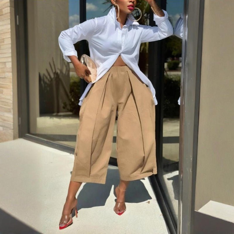 Women's solid color cotton wide-leg cropped pants, casualwear by Plush Fashion Hub, shown in a relaxed, comfortable fit.