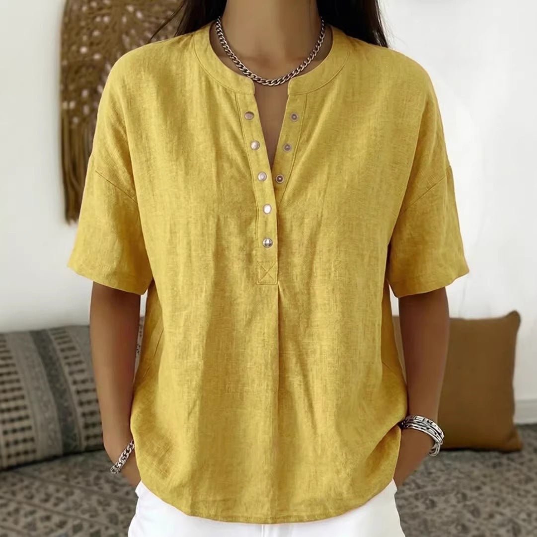 Women's solid color loose-fit short-sleeve pullover top by Plush Fashion Hub, casualwear, shown in relaxed fit and simple design.