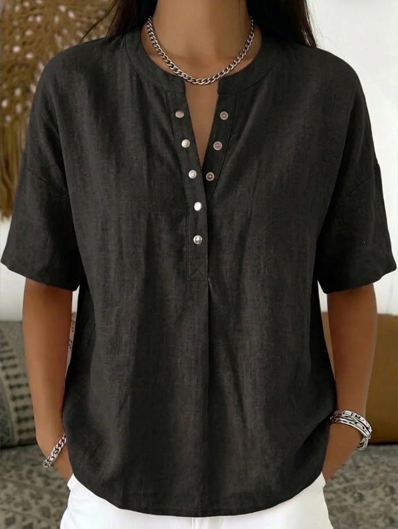 Women's solid color loose-fit short-sleeve pullover top from Plush Fashion Hub, casualwear with a relaxed fit and simple design.