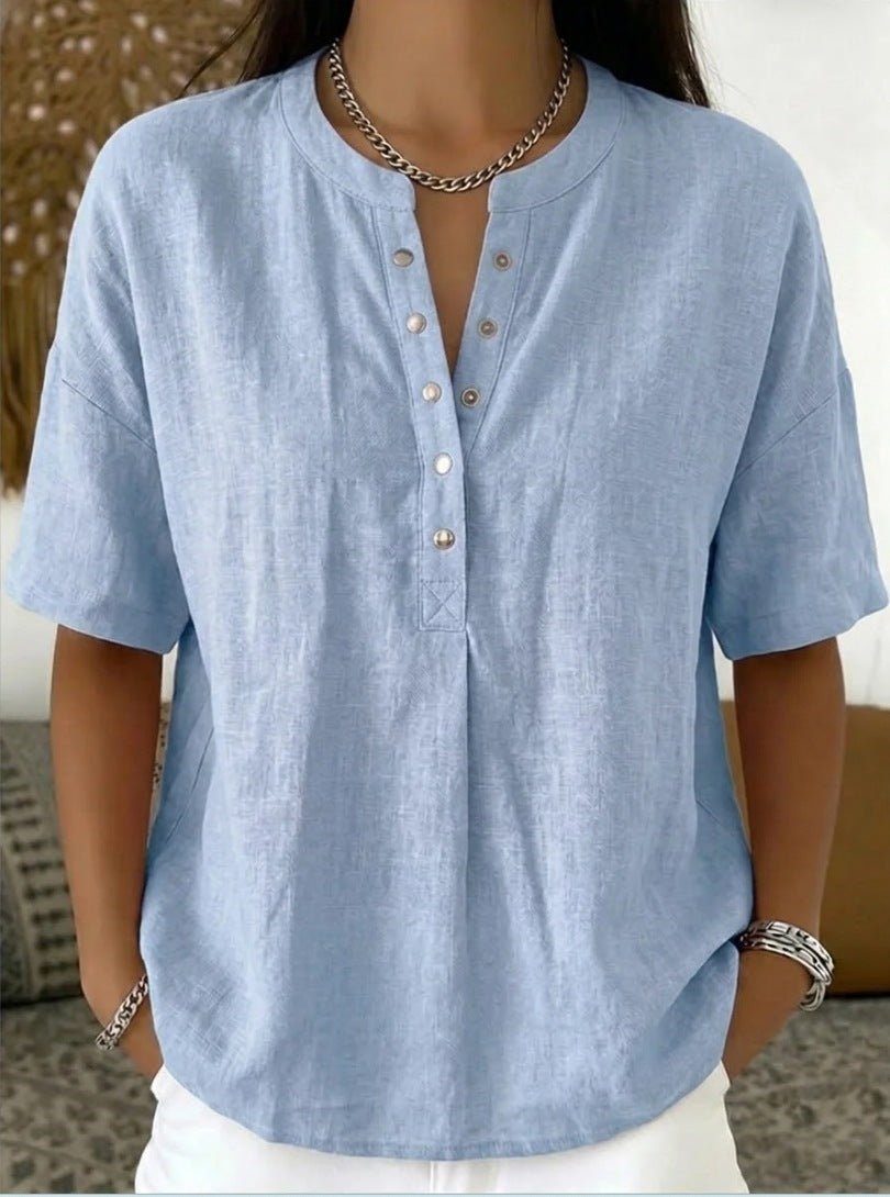 Women's solid color loose-fit short-sleeve pullover top, casualwear by Plush Fashion Hub, shown in a relaxed fit and simple design.