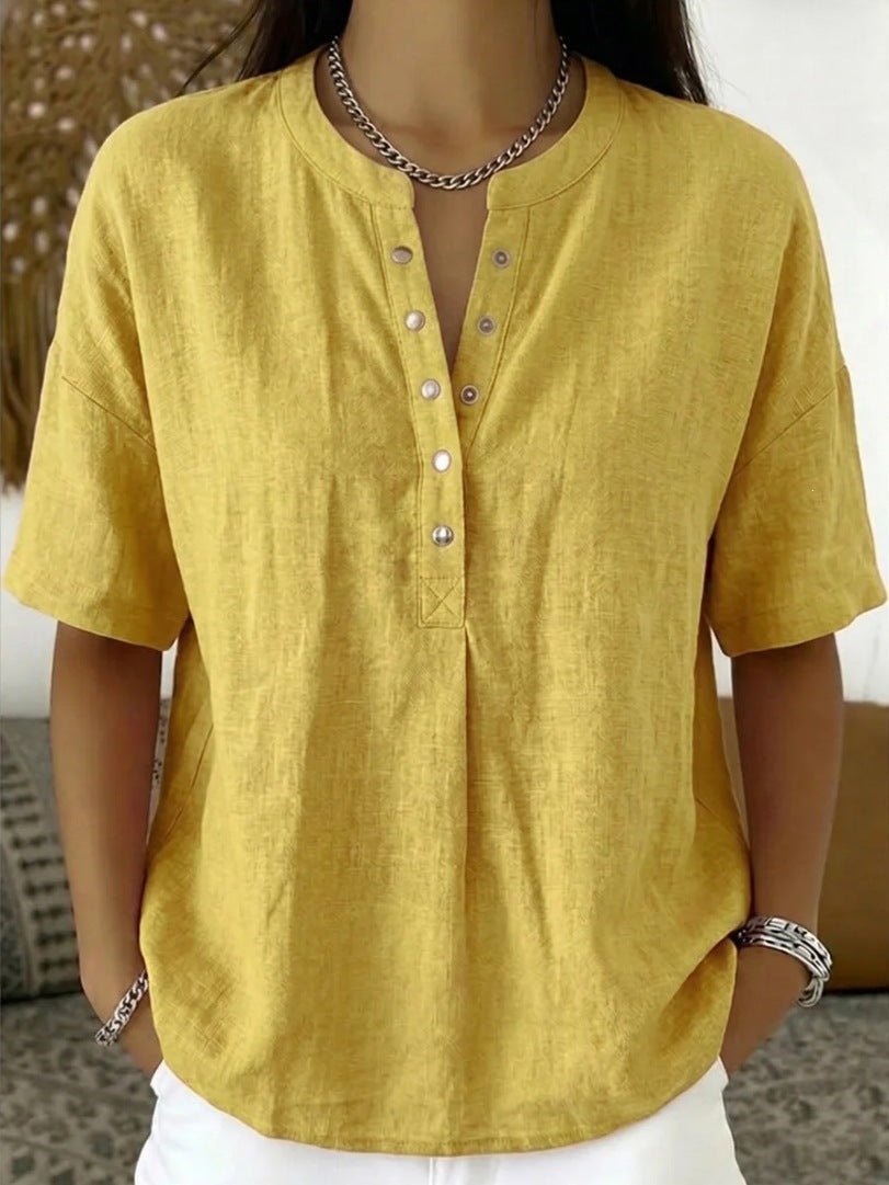 Women's solid color loose-fit short-sleeve pullover top from Plush Fashion Hub, casualwear with a relaxed fit and simple design.