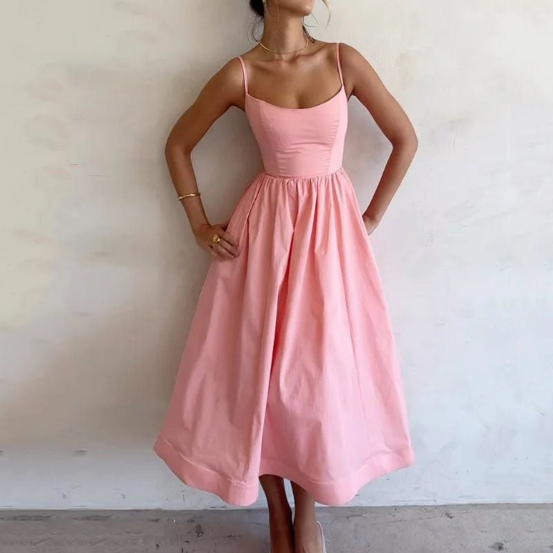 Women's solid color printing sweet suspender dress by Plush Fashion Hub, casualwear with fresh floral design and comfortable fit.