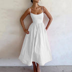 Women's solid color printed suspender dress from Plush Fashion Hub, casual wear with a fresh, sweet style.