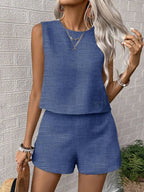 Women’s solid color sleeveless vest and shorts casualwear set by Plush Fashion Hub, featuring a stylish sleeveless vest and matching shorts.