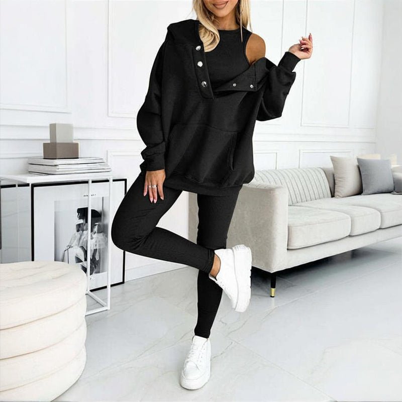 Women's solid color three-piece casualwear set by Plush Fashion Hub, featuring coordinated top, pants, and cardigan in a neutral shade.