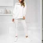 Women’s solid color three-piece casualwear set by Plush Fashion Hub, includes top, pants, and matching jacket, on a model.