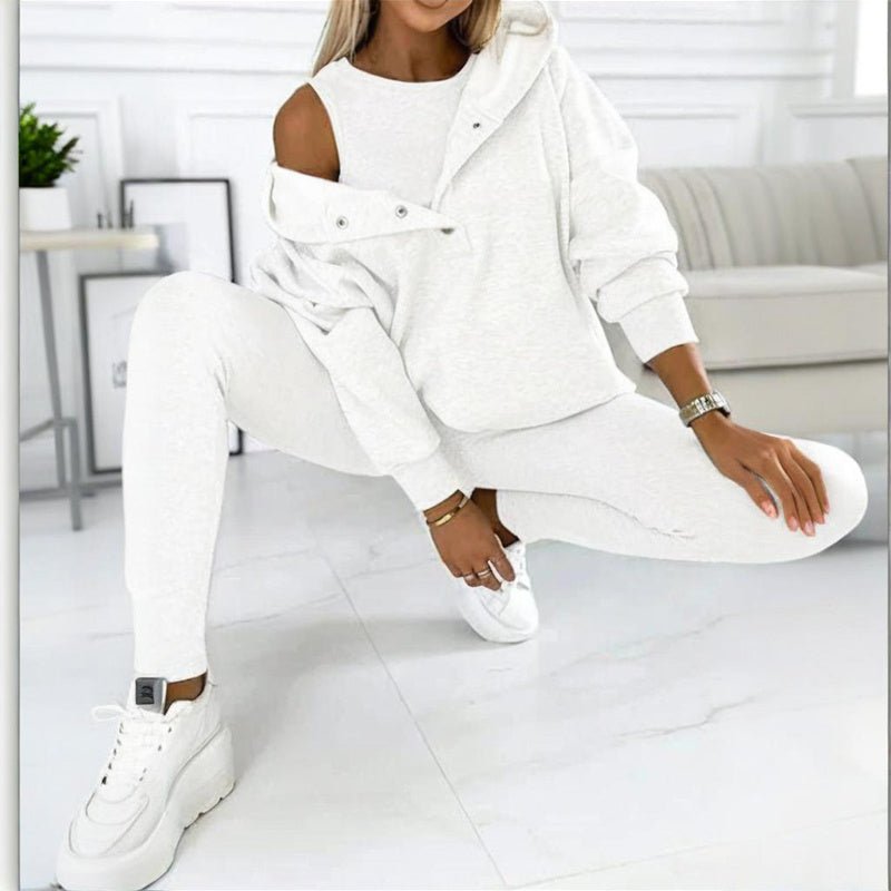 Women’s solid color three-piece casualwear set by Plush Fashion Hub, includes top, pants, and jacket in matching fabric.