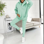 Women’s solid color three-piece casualwear set by Plush Fashion Hub, featuring a top, pants, and cardigan in matching fabric.