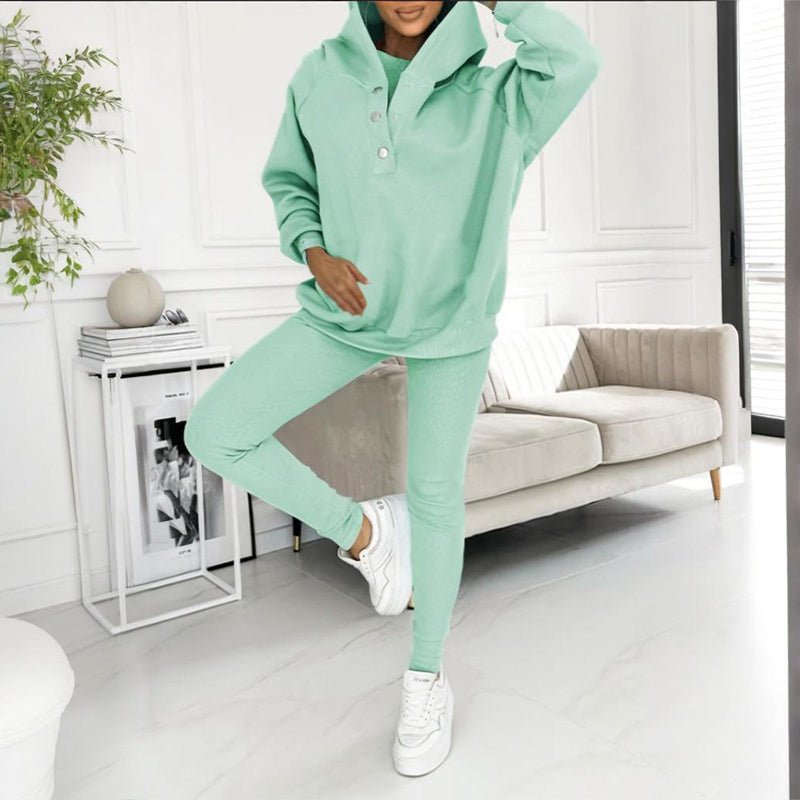 Women’s solid color three-piece casualwear set by Plush Fashion Hub, featuring a top, pants, and cardigan in matching fabric.