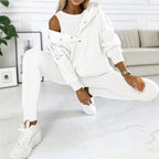 Women’s solid color three-piece casualwear set by Plush Fashion Hub, featuring a top, pants, and a matching jacket.