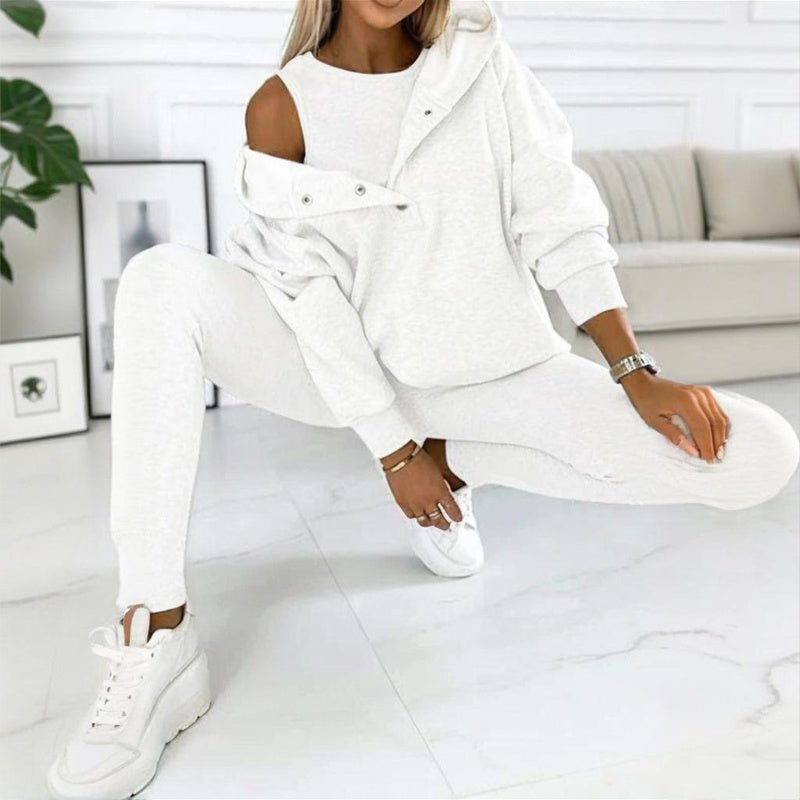 Women’s solid color three-piece casualwear set by Plush Fashion Hub, featuring a top, pants, and a matching jacket.