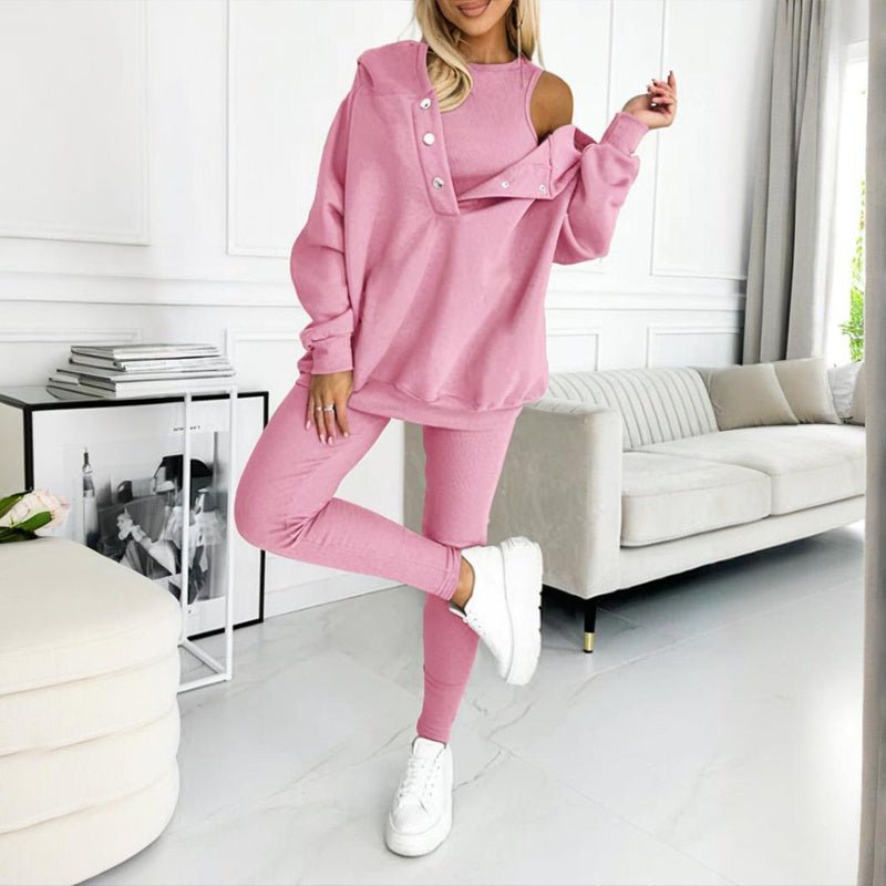 Women’s solid color three-piece casualwear set by Plush Fashion Hub, featuring matching top, pants, and jacket in a coordinated look.