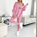 Women’s solid color three-piece casualwear set by Plush Fashion Hub, featuring matching top, pants, and jacket in a coordinated look.