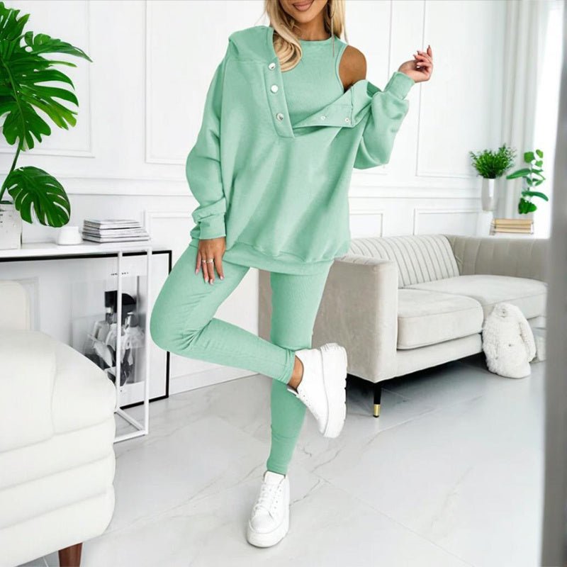 Women's solid color three-piece casualwear set by Plush Fashion Hub, featuring coordinated top, pants, and jacket in a neutral tone.