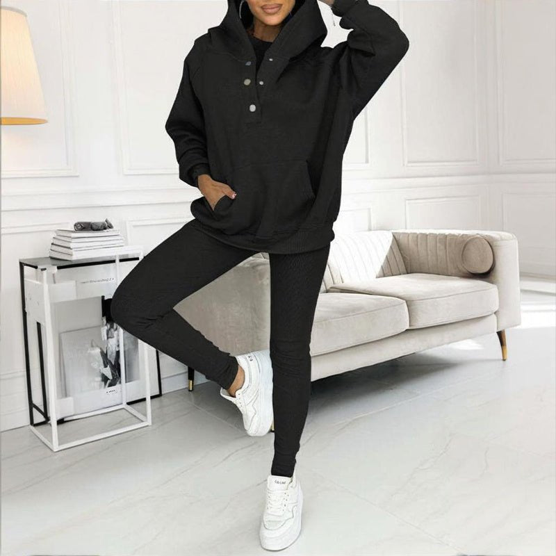 Women’s solid color three-piece casualwear set from Plush Fashion Hub, including top, pants, and cardigan on a white background.