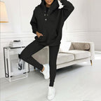 Women’s solid color three-piece casualwear set from Plush Fashion Hub, including top, pants, and cardigan on a white background.