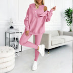 Women’s solid color three-piece casualwear set by Plush Fashion Hub, featuring a coordinated top, pants, and jacket.