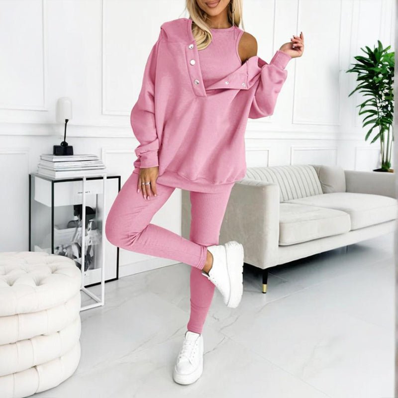 Women’s solid color three-piece casualwear set by Plush Fashion Hub, featuring a coordinated top, pants, and jacket.