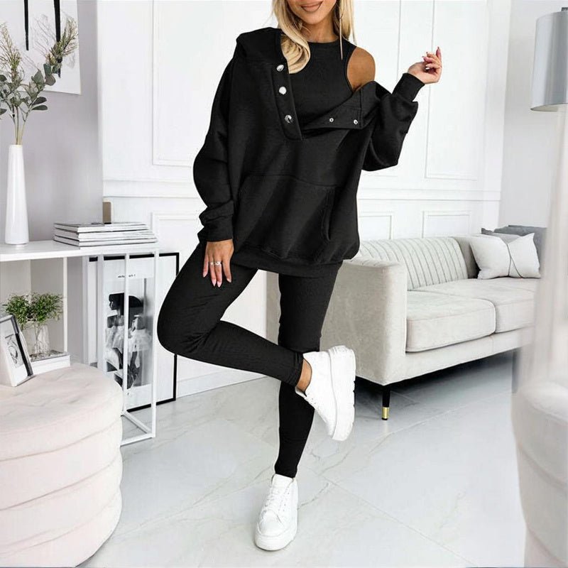 Women’s solid color three-piece casualwear set by Plush Fashion Hub, including top, pants, and jacket in a coordinated style.