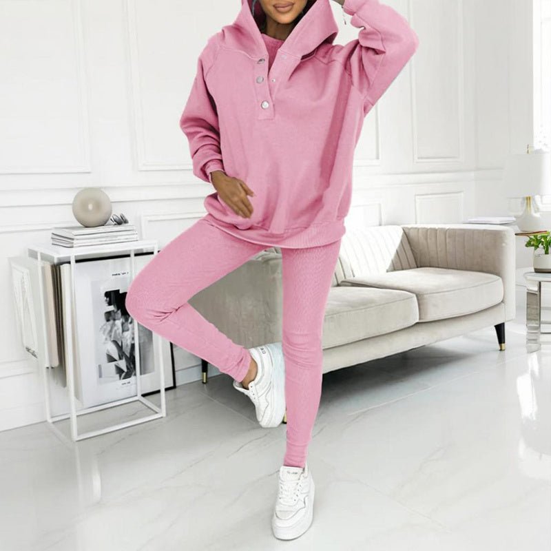 Women’s solid color three-piece casualwear set by Plush Fashion Hub, featuring a coordinated top, pants, and jacket.