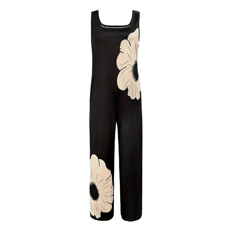 Women’s square-neck floral sleeveless jumpsuit by Plush Fashion Hub, casualwear with a fitted waist and wide-leg pants.