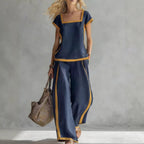 Women’s casualwear two-piece pants set with square neck short sleeves by Plush Fashion Hub, featuring a stylish and comfortable design.
