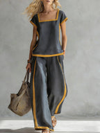 Women’s square neck short sleeve two-piece casual pants set by Plush Fashion Hub, featuring a stylish top and matching pants.