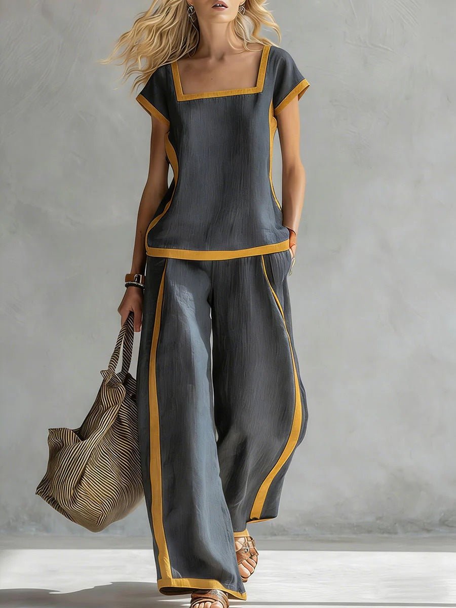 Women’s square neck short sleeve two-piece casual pants set by Plush Fashion Hub, featuring a stylish top and matching pants.
