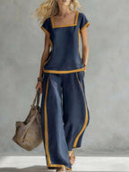 Women’s square neck short sleeve two-piece pants set by Plush Fashion Hub, casualwear with a stylish square neckline and comfortable fit.