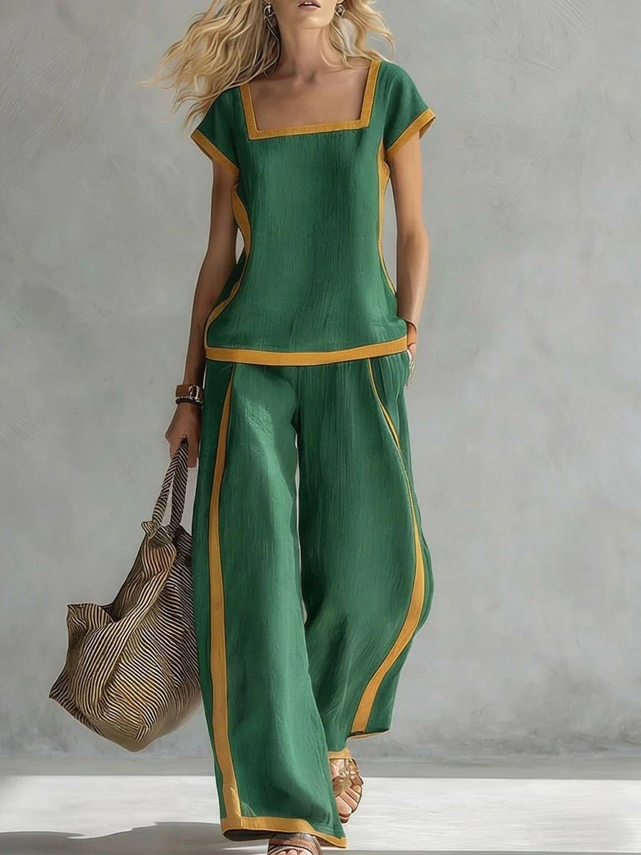 Women's square neck short sleeve two-piece pants set by Plush Fashion Hub, casual wear with a stylish fit and comfortable design.