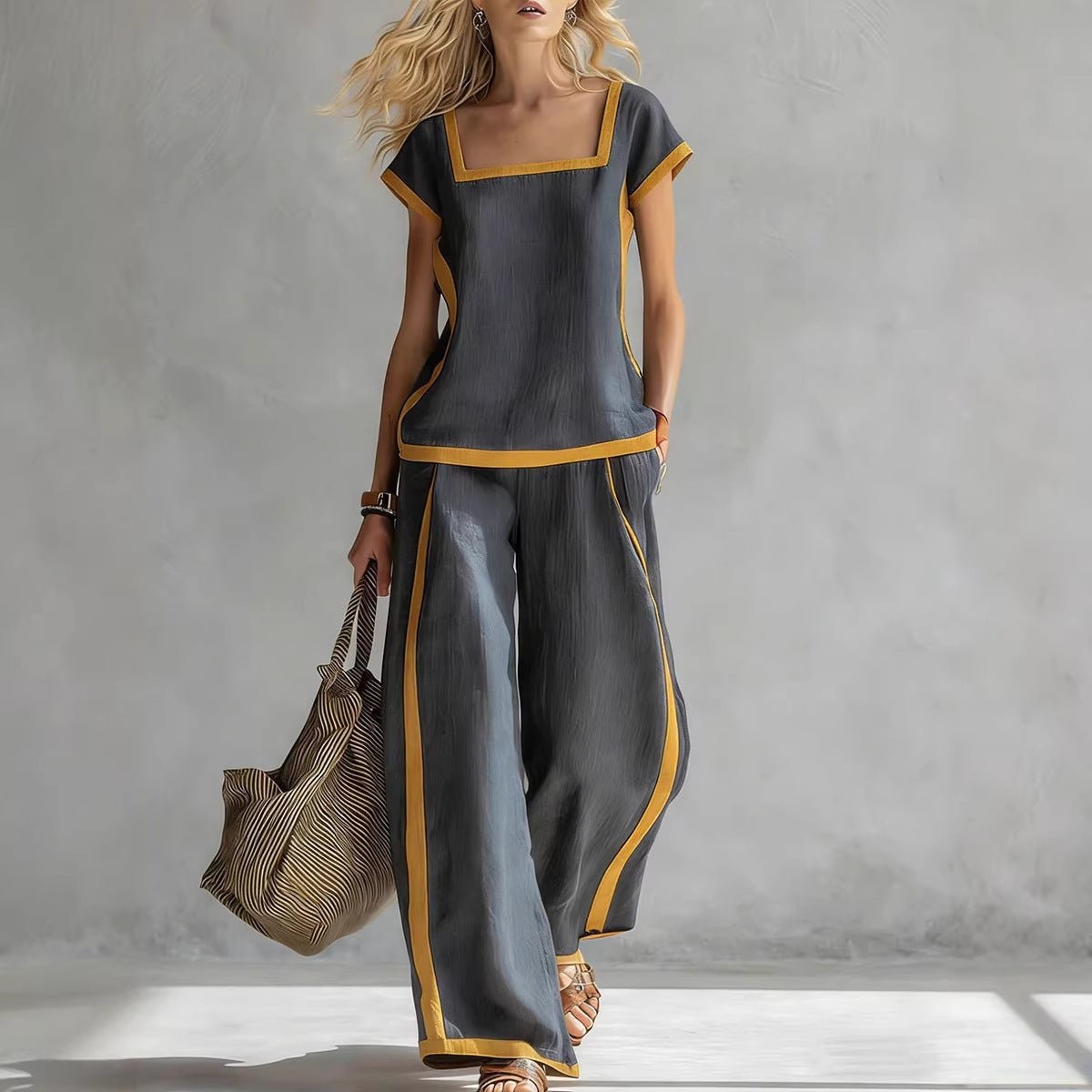 Women's square neck short sleeve two-piece pants set by Plush Fashion Hub, featuring a casualwear style with a matching top and pants.