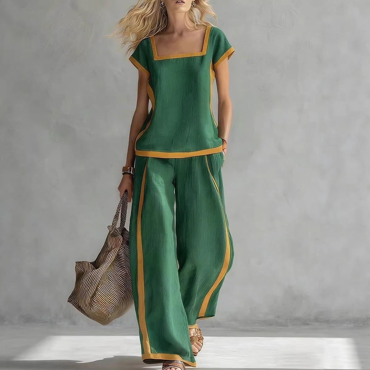 Women’s square neck short sleeve two-piece pants set by Plush Fashion Hub, casualwear featuring a stylish top and matching pants.