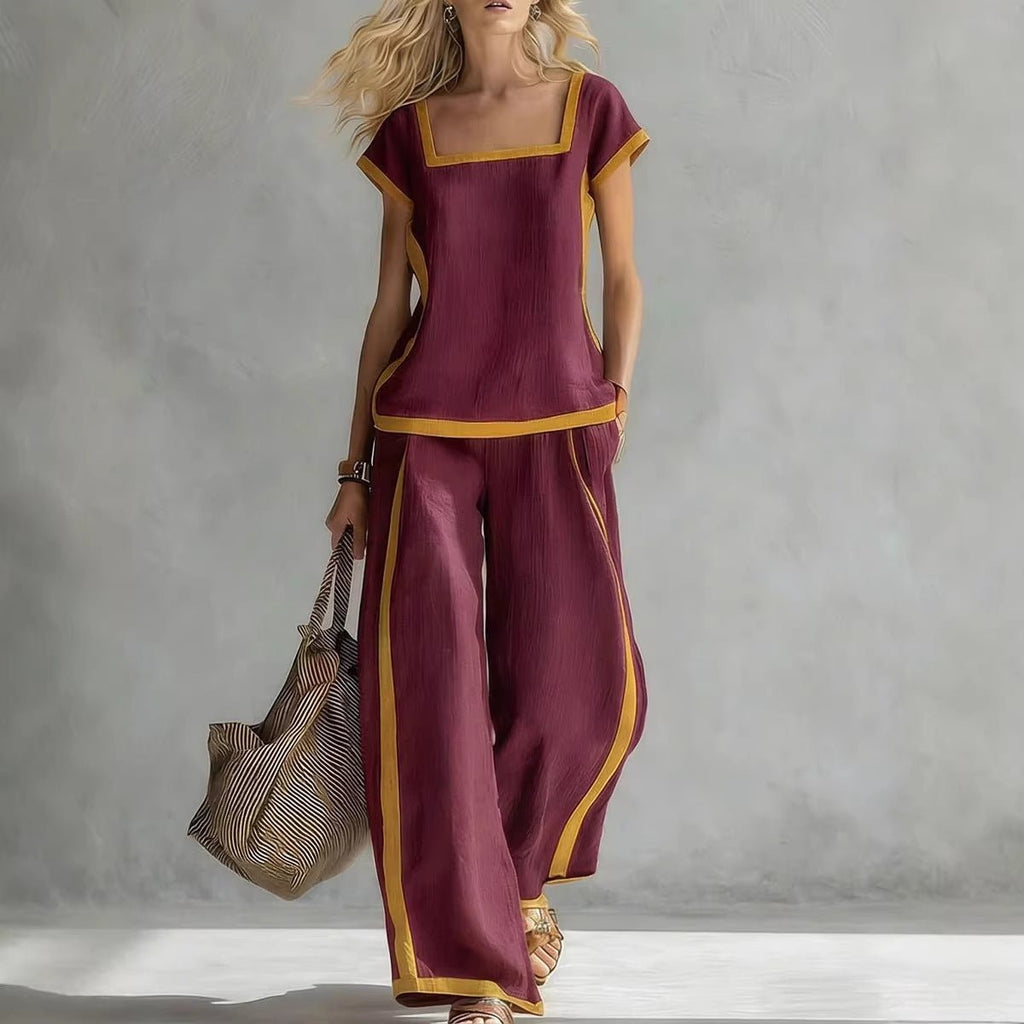 Women’s square neck short sleeve two-piece pants set from Plush Fashion Hub, casualwear with a fitted top and matching pants.