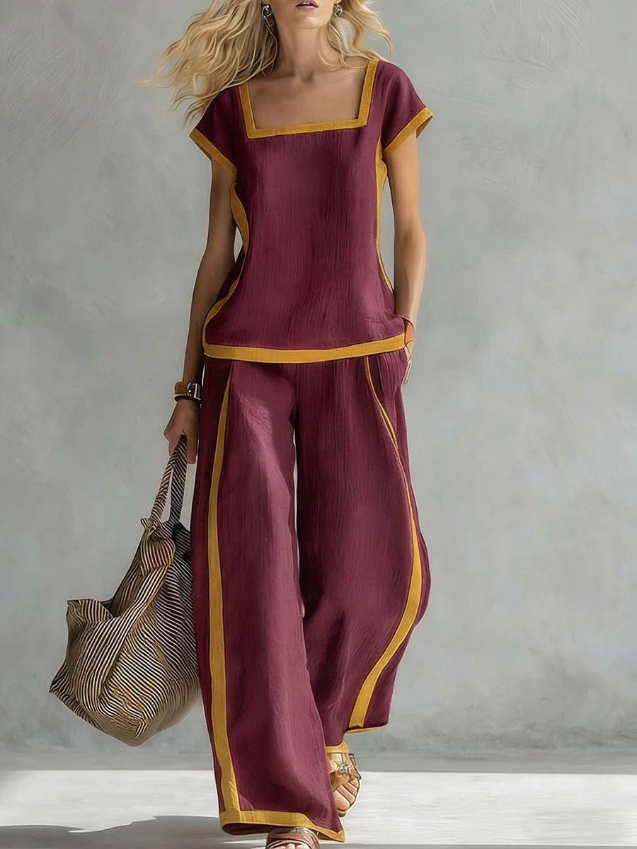 Women’s square neck short sleeve two-piece pants set by Plush Fashion Hub, featuring a casual style with a comfortable fit.